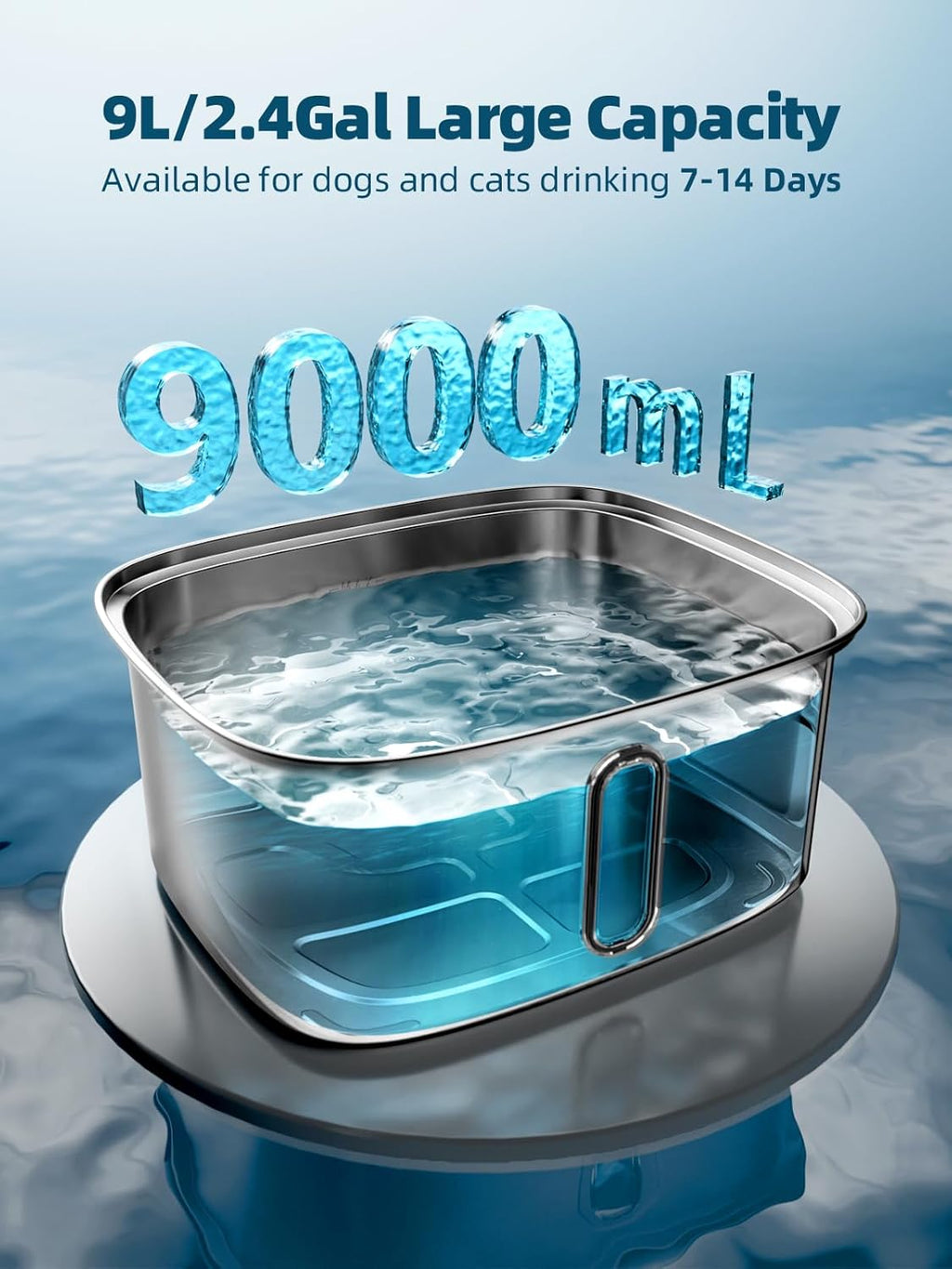 Dog Water Fountain for Large Dogs, 9L/2.4Gal Stainless Steel Dog Fountain with Water Level Window & Filtration, Automatic Pet Water Bowl Dispenser Indoor, Super Quiet for Multi-Pet