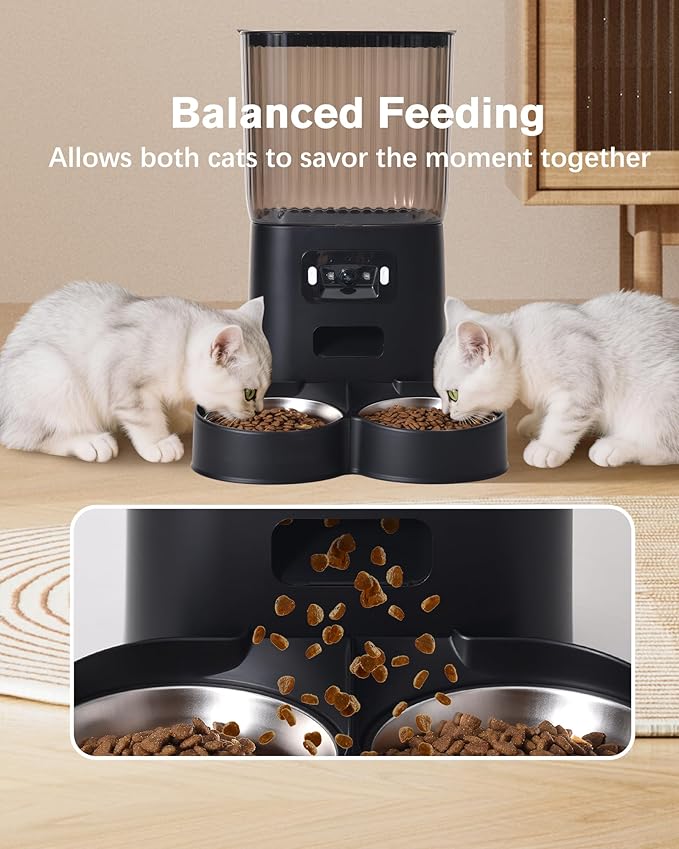 Automatic Cat Feeder, Camera Auto 2 Cats Dispenser 5L Microchip WiFi 2.4G&5G Timed Dual Pet Smart APP Dry Food Self Feeding Container Station (Black)