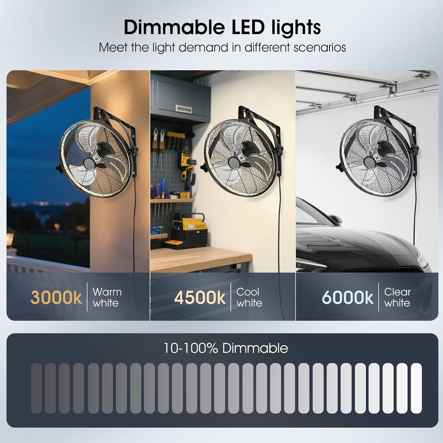 20 inch Wall Mount Fan with Lights and Remote,6-Speed Gazebo Ceiling Fan Adjustable Tilt Dimmable Wall Fan,High Velocity Industrial Outdoor Fans for Patio,Garage,Commercial,Black