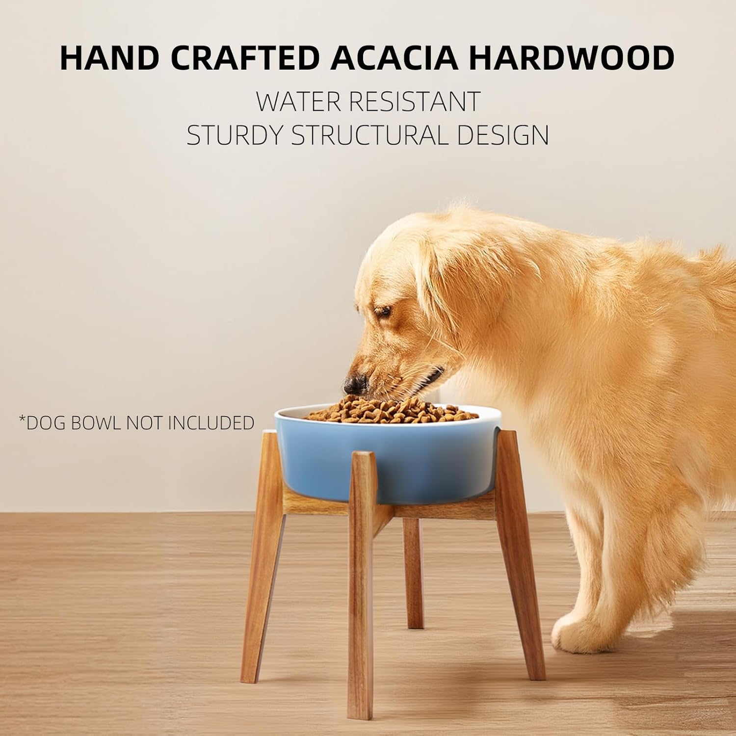 Elevated Dog Bowl Stand, Xlarge Raised Dog Bowl Station for Large Breed Pets, Dog Bowl Holder Fits Up to 11-inches Width,14-inches Height, for Water Fountain and Dishes, Acacia Wooden, Stand Only