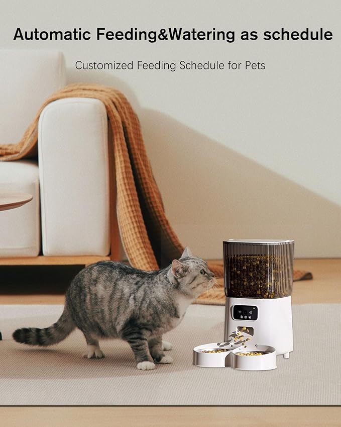 Automatic Cat Feeder, Camera Auto 2 Cats Dispenser 5L Microchip WiFi 2.4G&5G Timed Dual Pet Smart APP Dry Food Self Feeding Container Station (White)