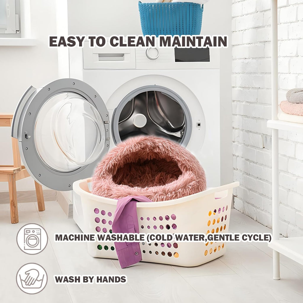 Cat Bed for Indoor Cats, Calming Cozy Cave with Self-Warming Plush, Entire Bed Machine Washable & Anti-Slip Base, Breathable Pet Bed for Small Cats&Dogs All Seasons (Leather Pink, 20 * 20inch)