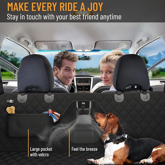 Active Pets Dog Car Seat Cover for Back Seat, Waterproof Pet Protection Hammock, SUV Truck Car Backseat Protector with Safety Features, XL, Black