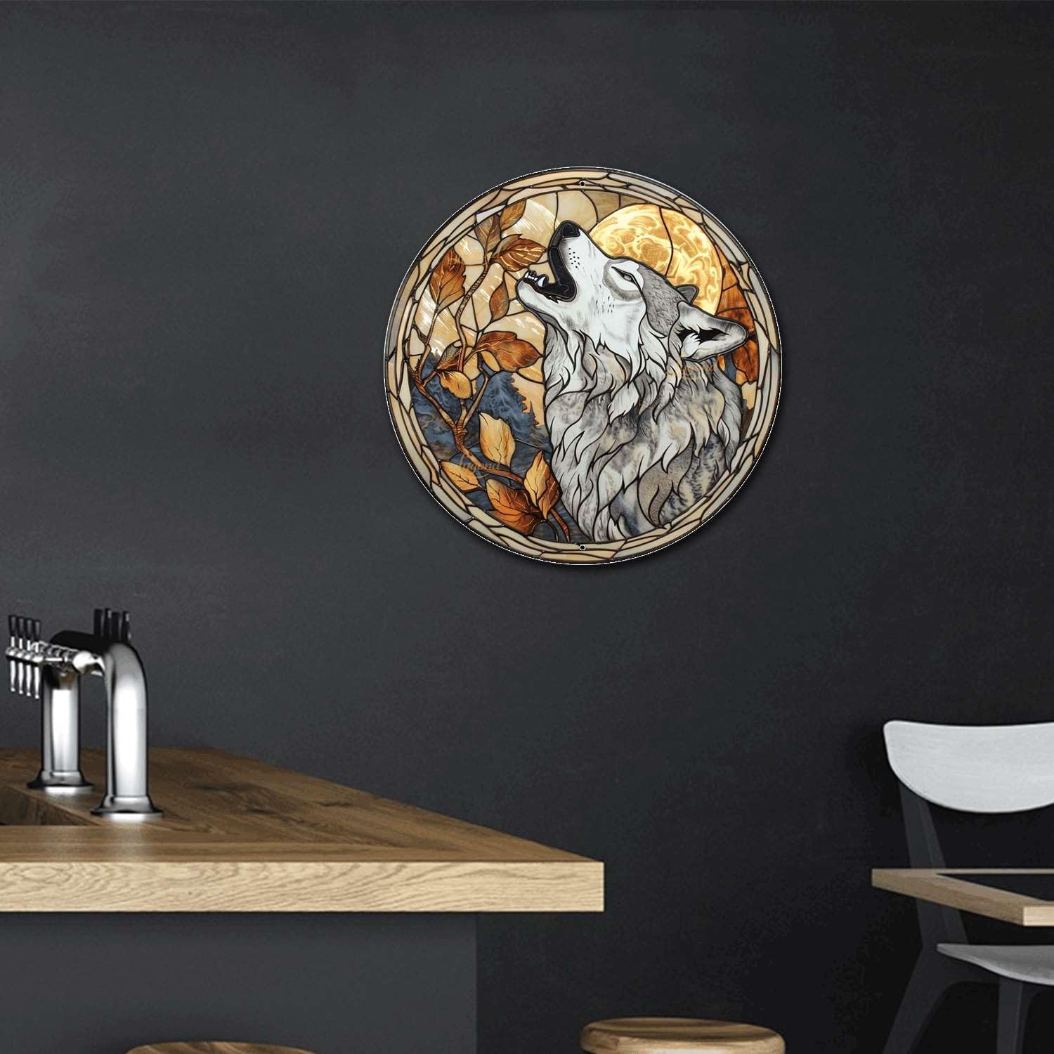 Lygond Metal Sign Tin Sign Circular Stained Glass Gray Wolf Funny Outdoor Decor for Gift 8×8 Inches