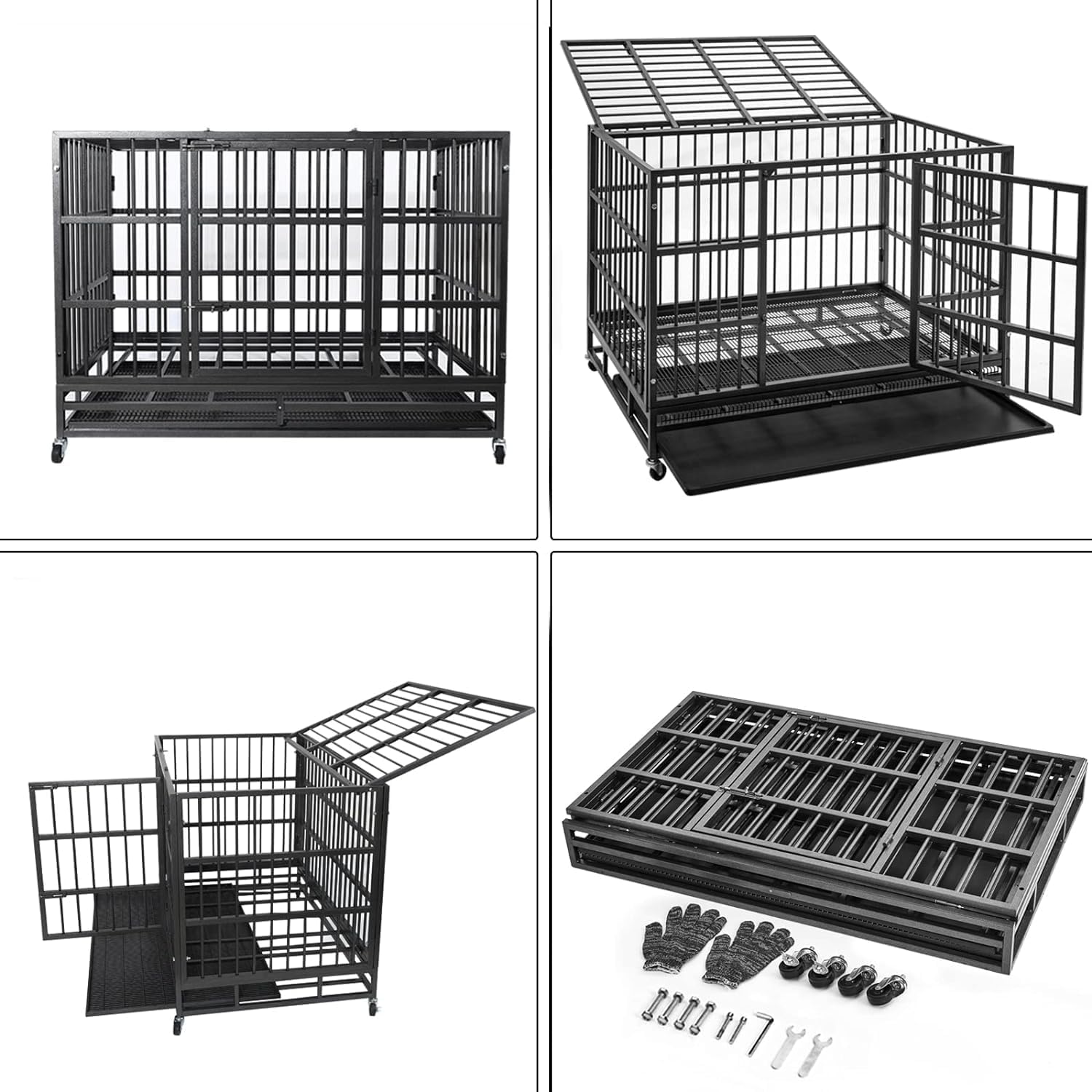 Oranland 48/38 Inch Heavy Duty Dog Crate Cage Kennel with Wheels, High Anxiety Indestructible, Sturdy Locks Design, Double Door and Removable Tray, Extra Large XL XXL