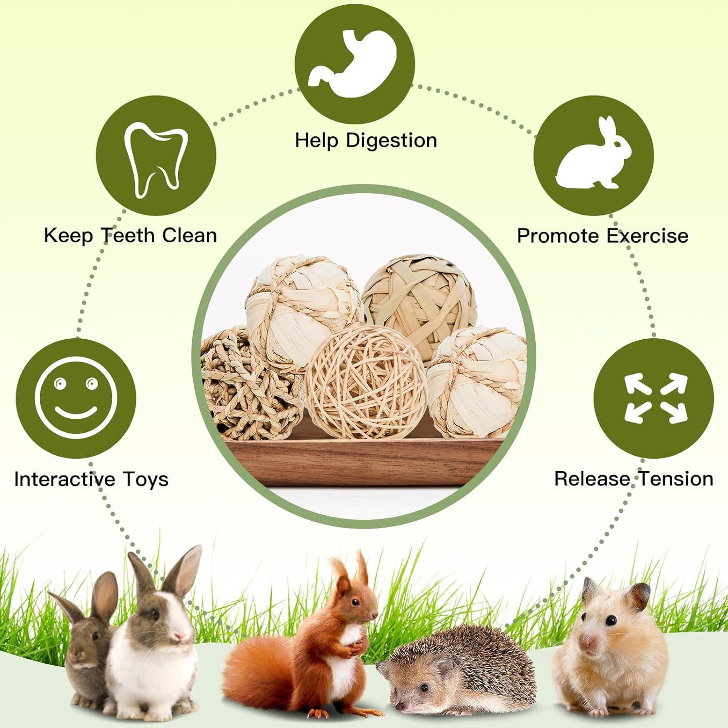 8 Pack Small Pet Chew Toys - 7cm Natural Woven Balls for Rabbits, Guinea Pigs, Hamsters (2 Seagrass, 2 Rattan, 2 Corn Husk, 2 Seaweed Rope) - Safe Dental Grinding Toys