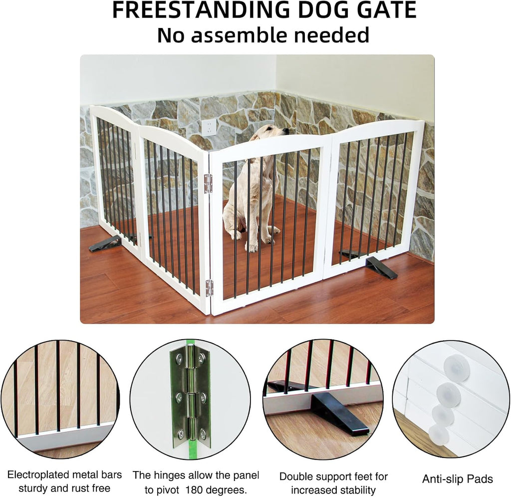 Freestanding Panel Dog Gate for Indoor, Doorways, Stairs, or Hallways - Foldable Wooden Pet Fence With Support Feet - 24" Height, 4 Panels, White