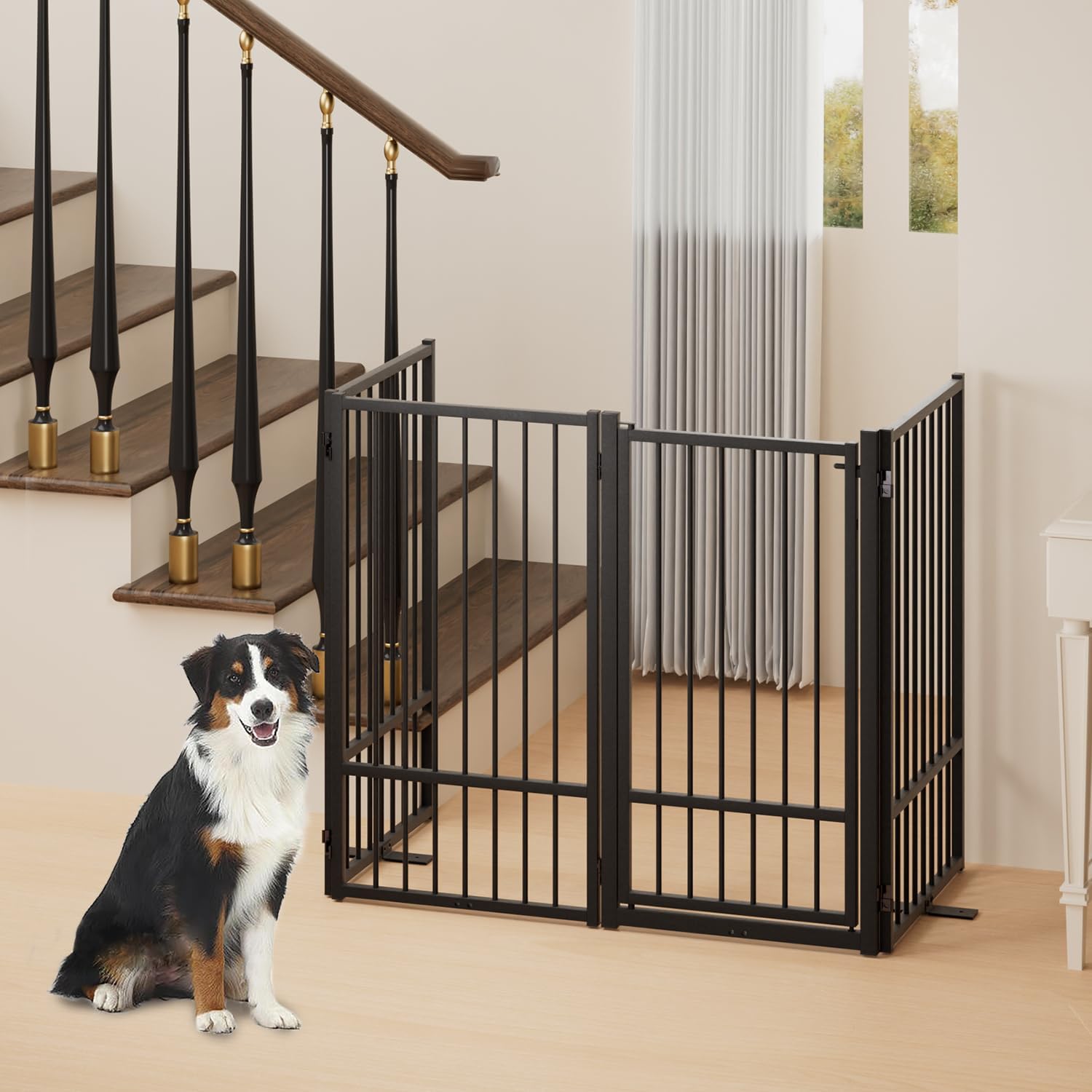 Full Metal Freestanding Dog Gate with Door, 36''Height Foldable Pet Dog Fence for Indoor & Outdoor, 4 Panels Extra Wide Free Standing TallDog Gates for Doorways,House,Stairs,Porch,Deck,Yard