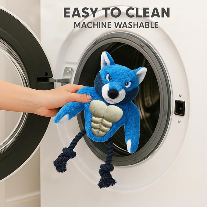 Muscle Wolf Dog Toy – Durable Plush with Rubber Chest & Rope Legs, Squeaky Tug Toy for Medium & Large Dogs, Built for Tough Play, 14.1 Inch Interactive Chew Toy