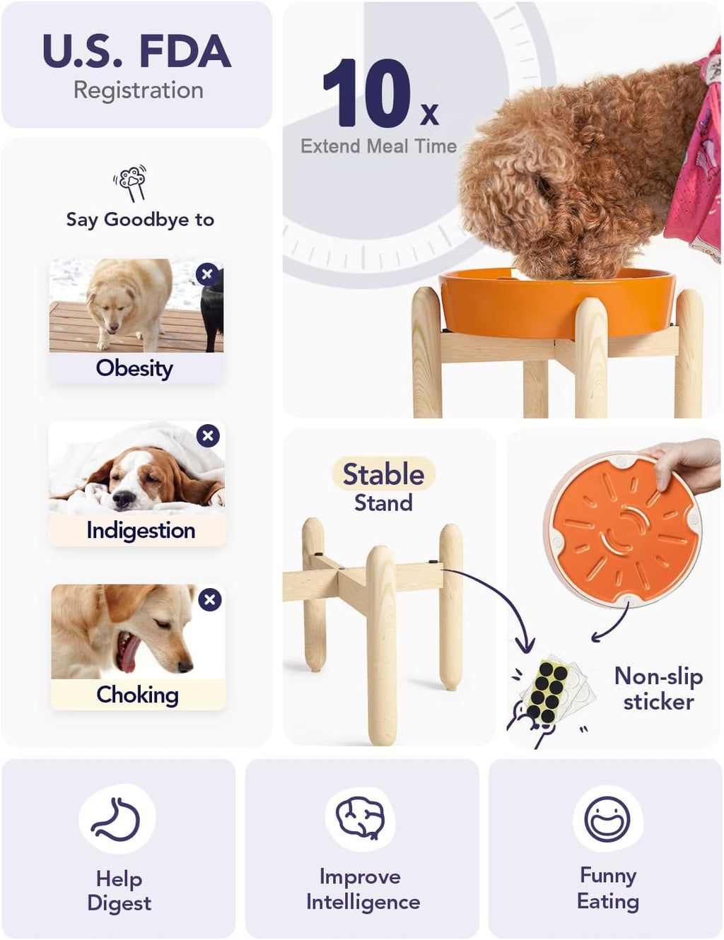 LE TAUCI Ceramic Slow Feeder Puzzle Bowl Elevated 3 Cup with Wooden Stand for Medium Large Dog, Fast Eater Slow Eating Food Bowl, Sun Orange