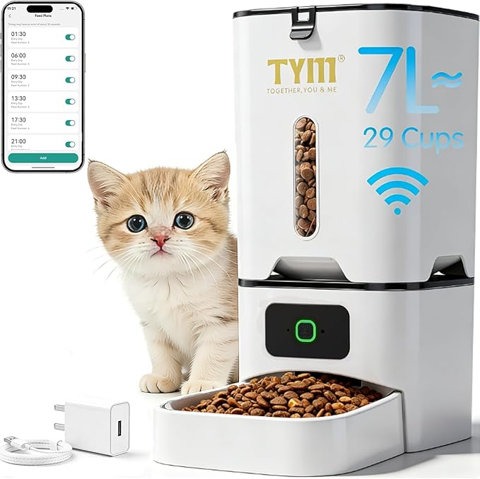 TYM Automatic Cat Feeder, 7L WiFi Cat Food Dispenser, Timed Cats Feeder with APP Control, Auto Pet Food Dispenser for Small Pets, Fresh Food, Dual Power Supply, Detachable for Easy Cleaning