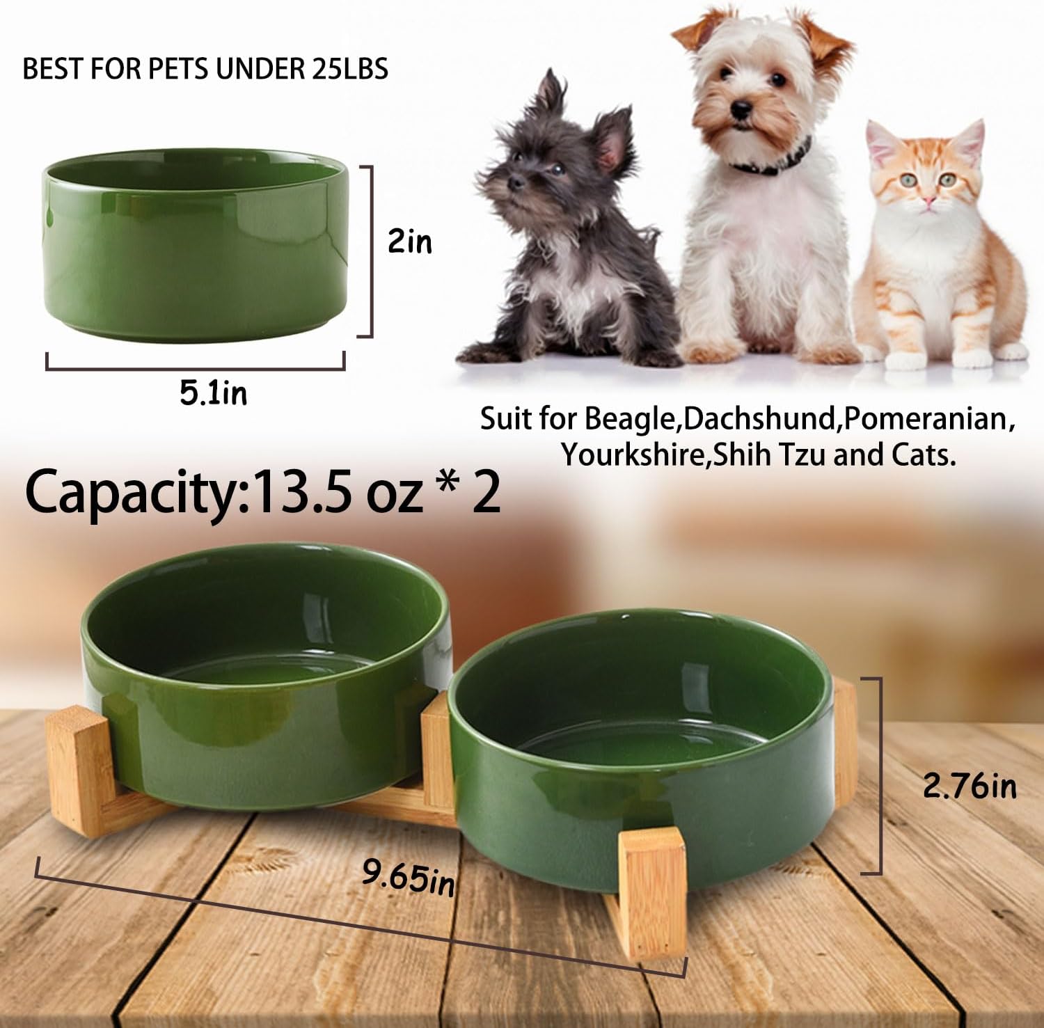 Petygooing Dog Bowls,Ceramic Cat Dog Bowl Set with Wood Stand for Food and Water,Non-Slip Cute Modern Pet Dish for Cats and Small Size Dogs (13.5OZ/5.1 in) Rust Green