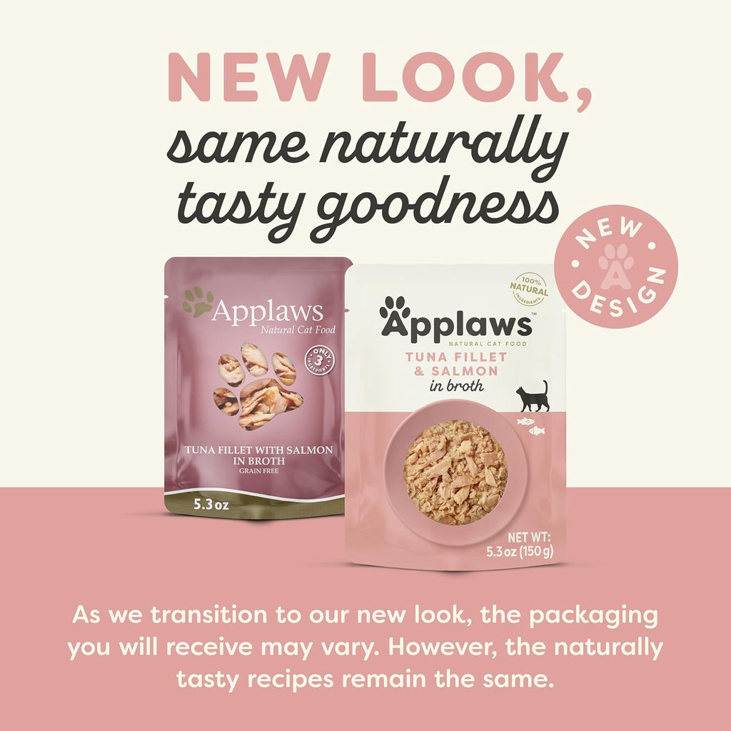 Applaws Natural Wet Cat Food in Broth, Limited Ingredient Wet Cat Food Pouches, No Additives, Made with Natural Ingredients, Tuna Fillet with Salmon in Broth (12 x 5.3oz Pouches)
