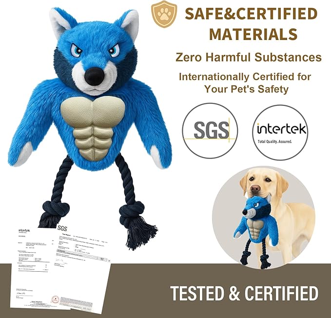 Muscle Wolf Dog Toy – Durable Plush with Rubber Chest & Rope Legs, Squeaky Tug Toy for Medium & Large Dogs, Built for Tough Play, 14.1 Inch Interactive Chew Toy