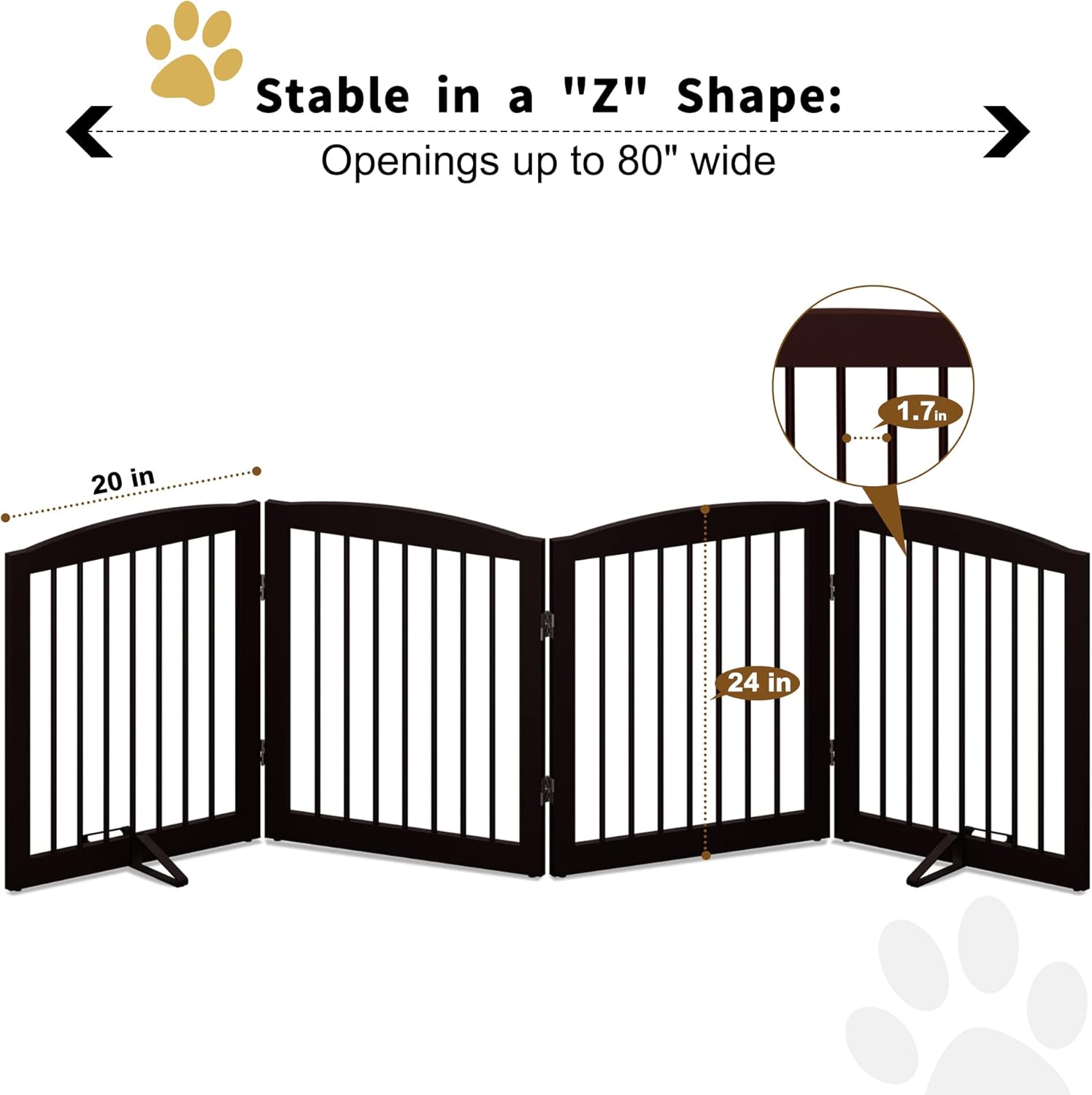 Freestanding Pet Gate for Dogs, Foldable Wooden Dog Gate for House, Indoor Dog Gate for Stair, Doorway, Gates for Dogs Indoor, 80 Inch Wide, 4 Panels 24",Brown