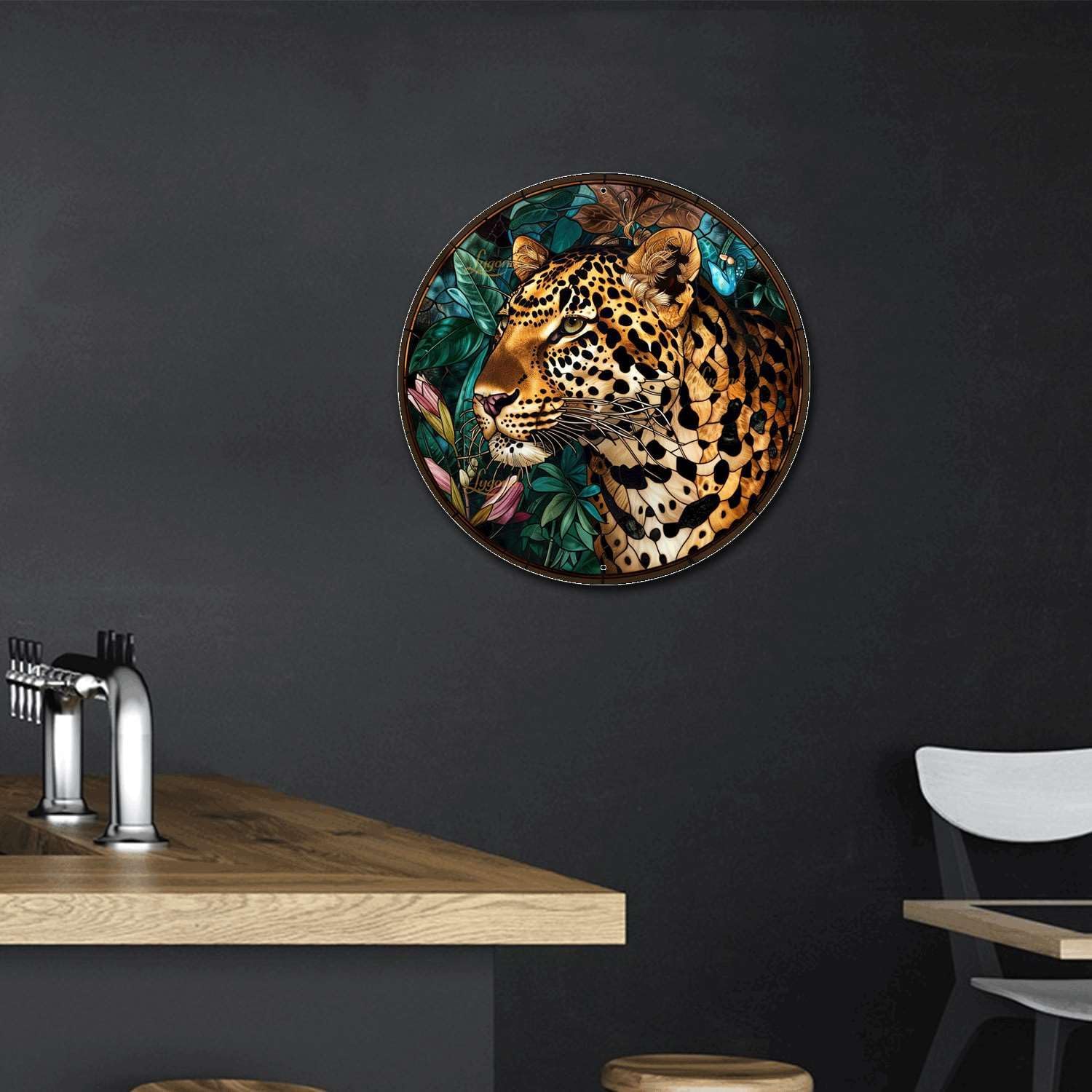 Lygond Metal Sign Tin Sign Circular Stained Glass Leopard Gardening Poster for Bar 12×12 Inches
