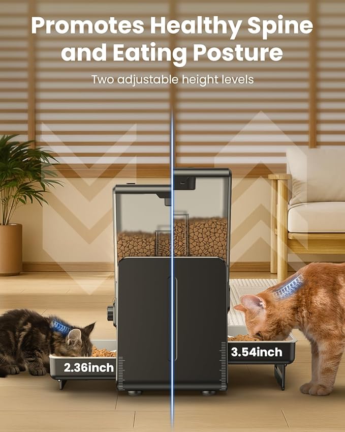 Automatic Cat Feeder for 2 Cats, 5L/20 Cups Food Dispenser with Adjustable Raised Double Bowls, Detachable Control Panel, Timed Cat and Dogs Feeder for Dry Food, Dual Power Supply