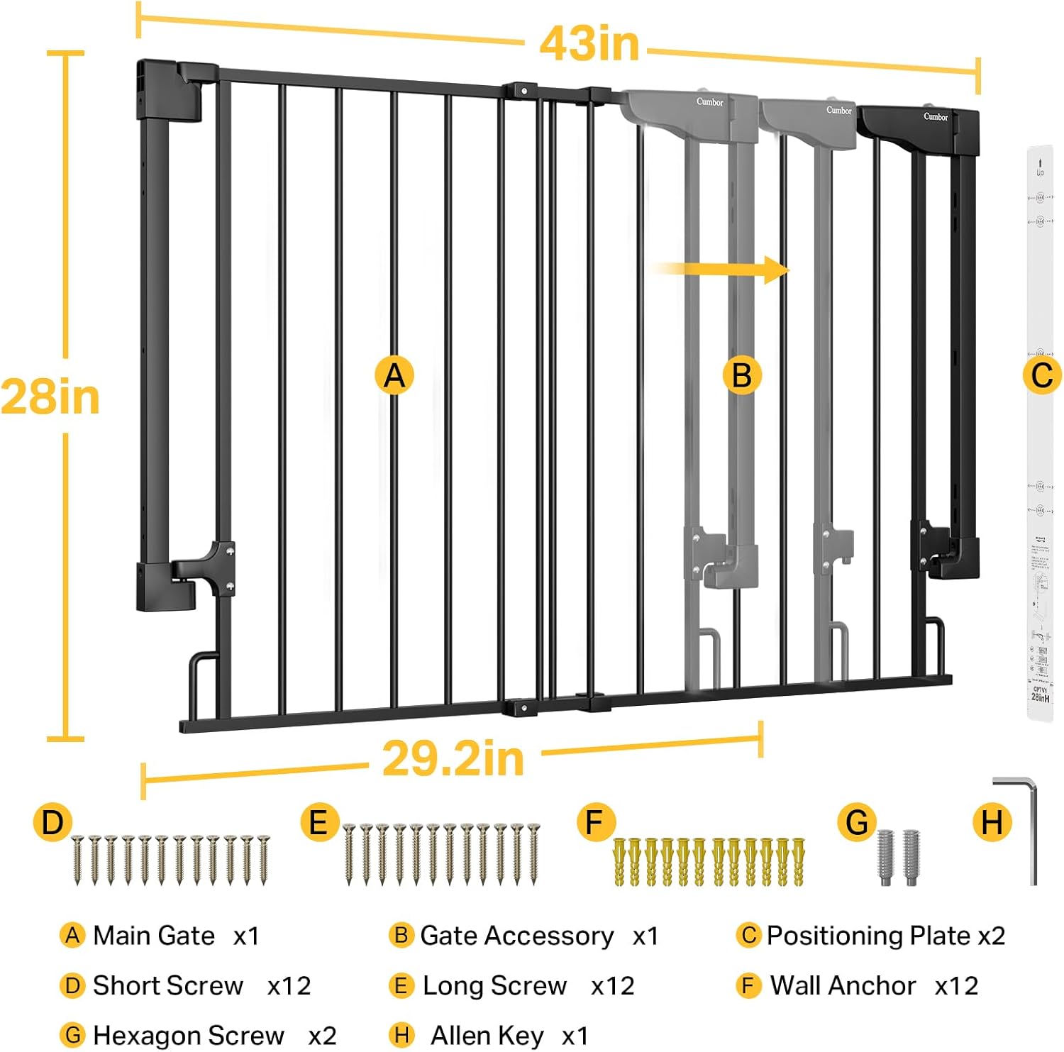 Cumbor 29.2-43" No Bottom Bar Baby Gate for Stairs, 2-in-1 Hardware Mounted Dog Gate Indoor, Wide Pet Gates for Doorway with Large Walk Thru Door, Child-Proof Gate for Top & Bottom of Stairs(Black)