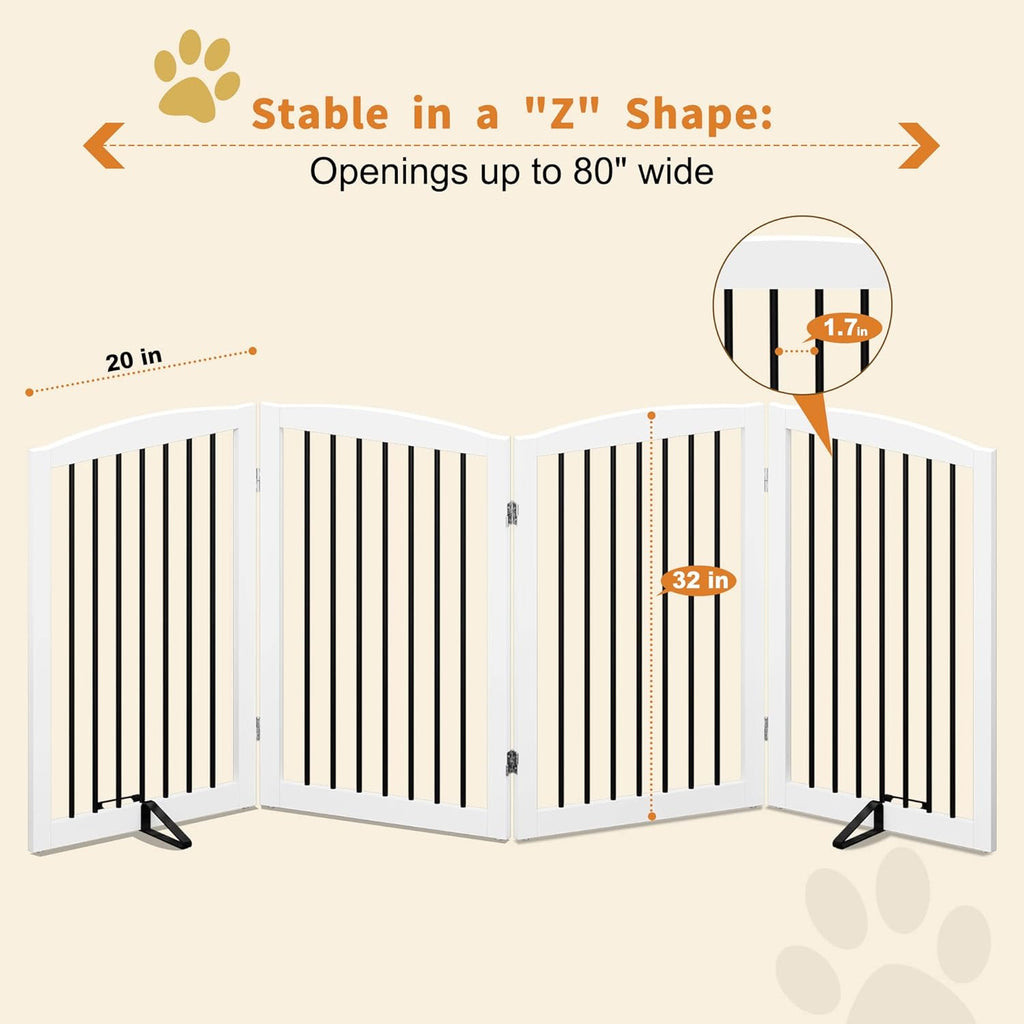 Freestanding Pet Gate - Foldable Wooden Dog Gate, 80 Inch Wide, 4 Panels, White