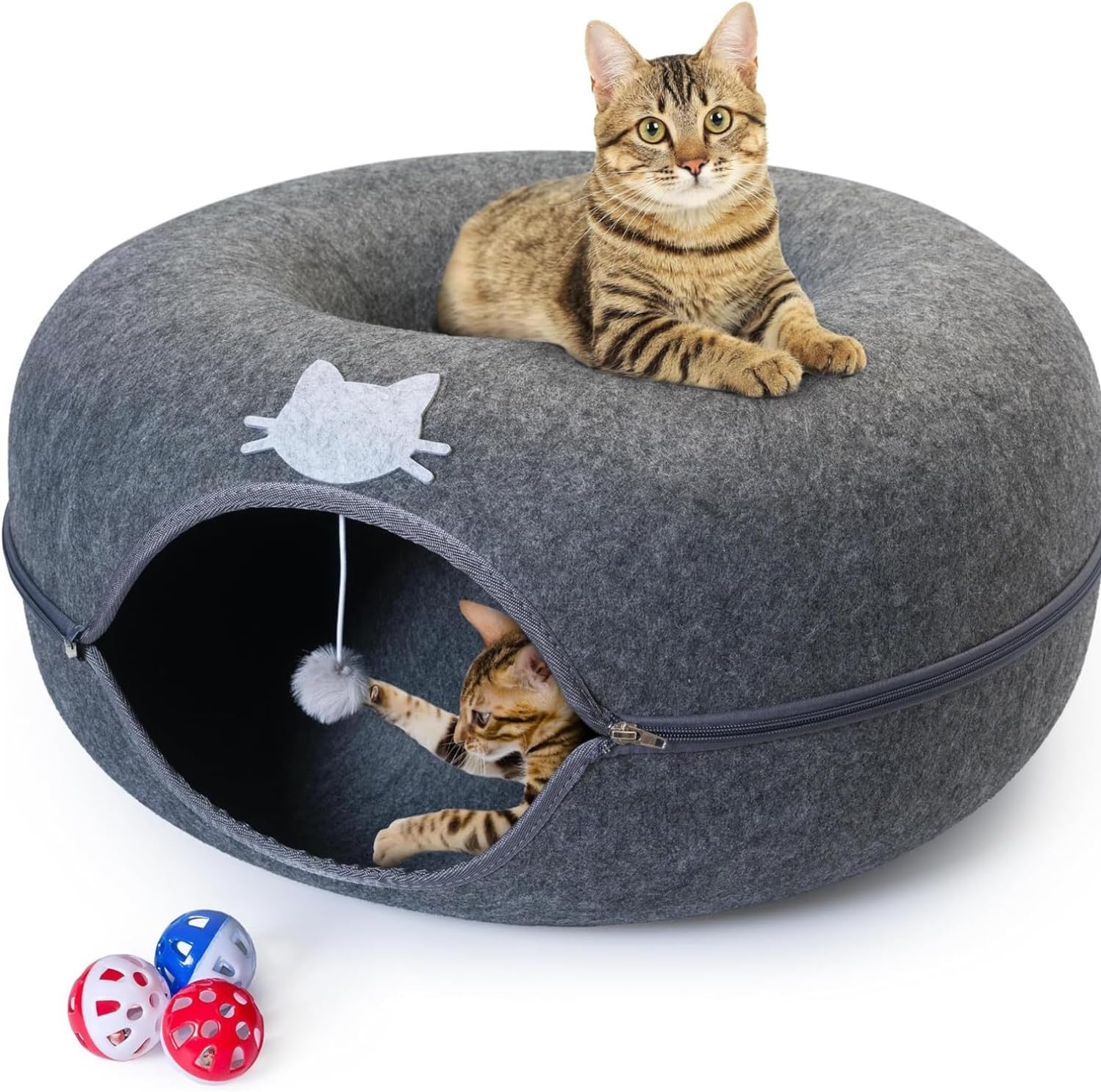 Meow Mansion Large Cat Cave Donut - Cat Tunnel; up to 30lbs - 3 Toy Balls & Hanging Ball Included - Scratch Resistant, Detachable and Cleanable Cat Donut Bed