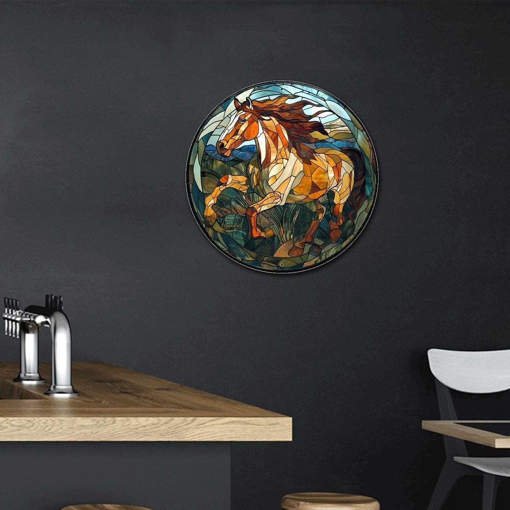 Lygond Metal Sign Tin Sign Circular Stained Glass American Mustang Garden Metal Sign for Gift 8×8 Inches