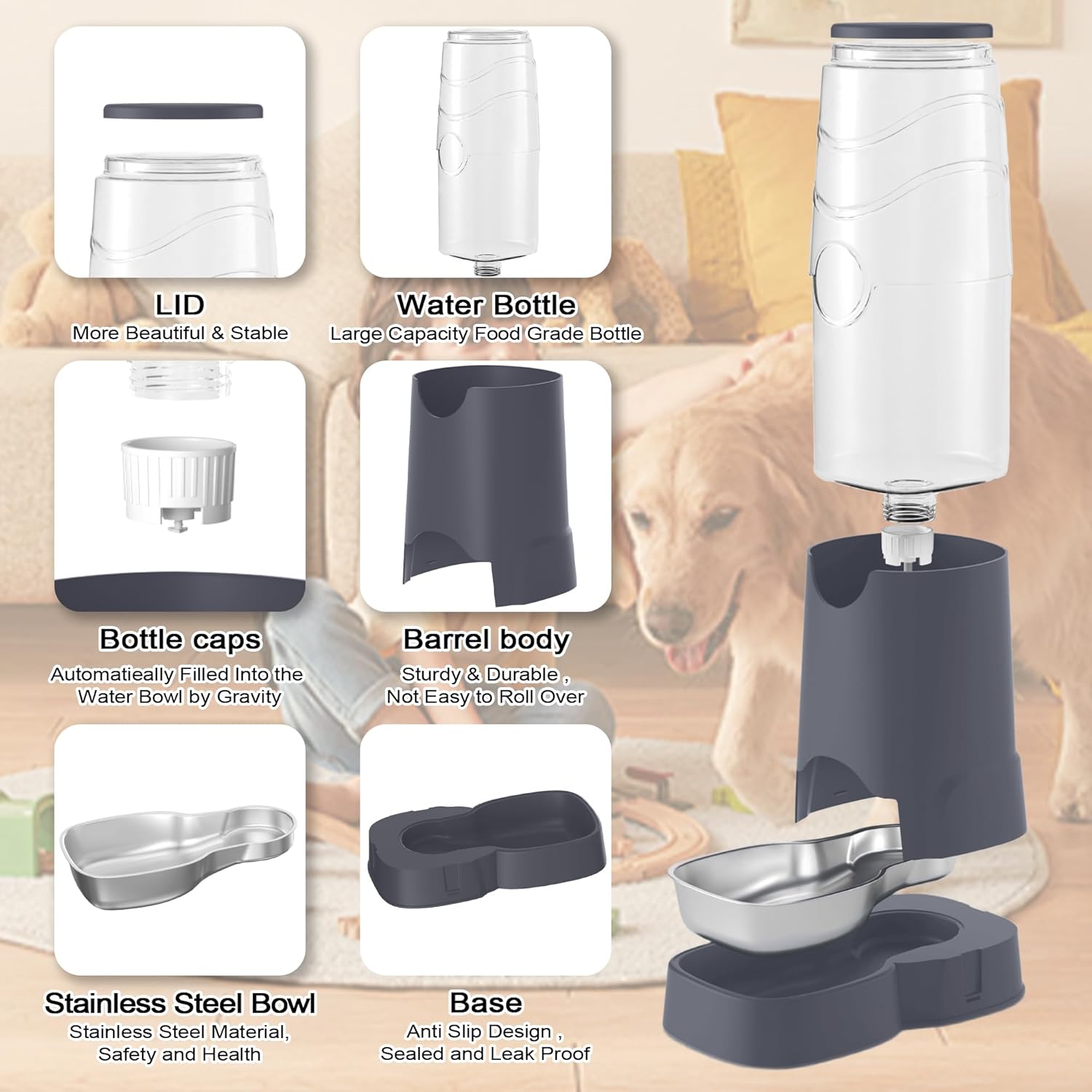 8L Automatic Pet Waterer,Gravity Stainless Steel Water Feeder,Gravity Pet Water Dispenser,Large Capacity Waterer with Stainless Steel Bowl for Medium and Large-Sized Cats and Dogs(8L,Grey)