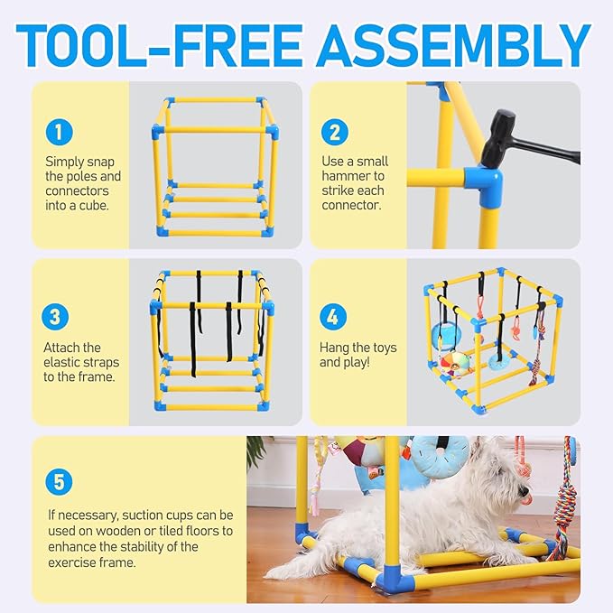 Puppy Play Gym with 8 Hanging Toys for Small Dogs Cats, 19.5 inch Indoor Puppies Jungle Playground with Suction Cups, Interactive Funny Enrichment Activity Center to Keep Them Busy, PVC Frame