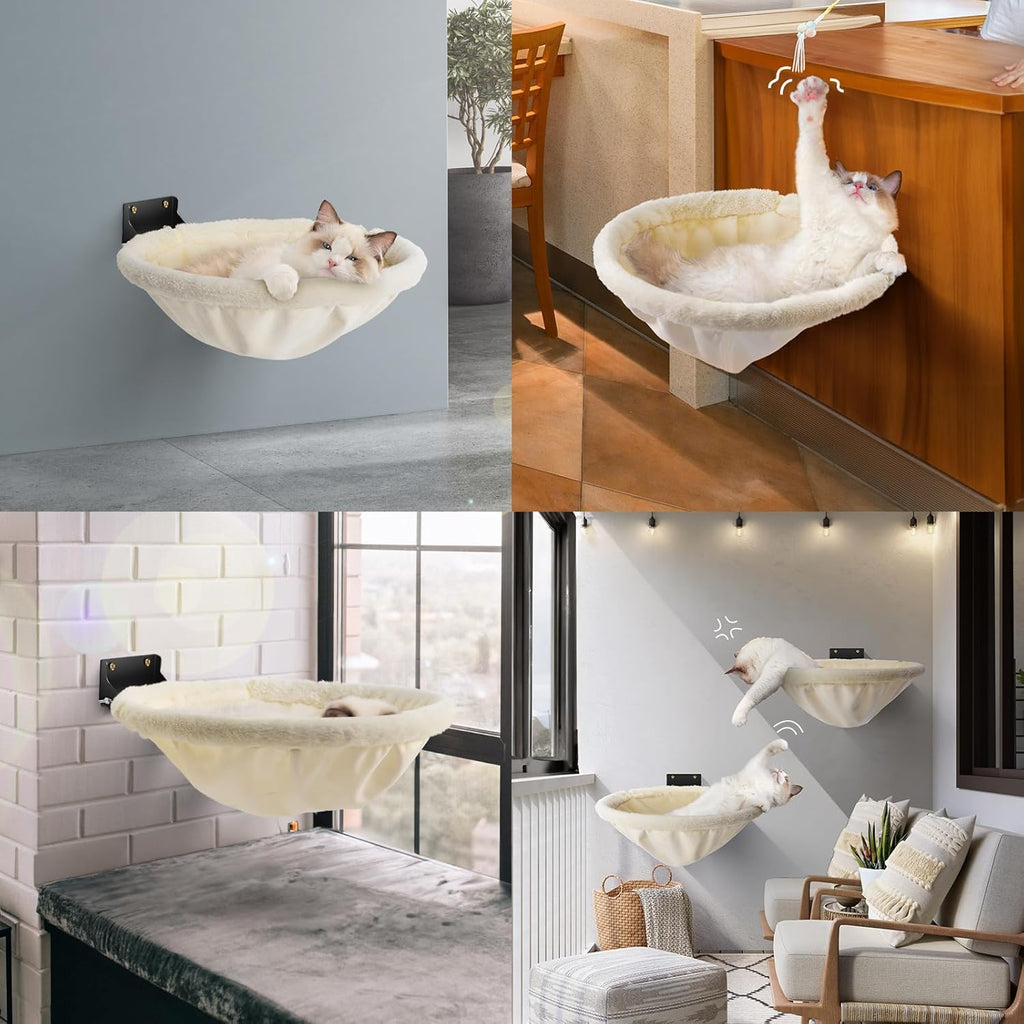Cat Hammock Wall Mounted, Foldable & Stable Cat Beds- Breathable Cats Wall Shelves for Sleeping, Playing, Climbing, and Lounging - Maximum Hold Up to 30lb（Cream,Faux Rabbit Fur）