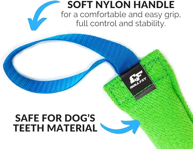Bull Fit K9 Dog Bite Tug Toy with 2 Strong Handles - Made of Durable & Tear-Resistant French Linen - Perfect for Tug of War, Fetch & Puppy Training - Ideal for Medium to Large Breeds