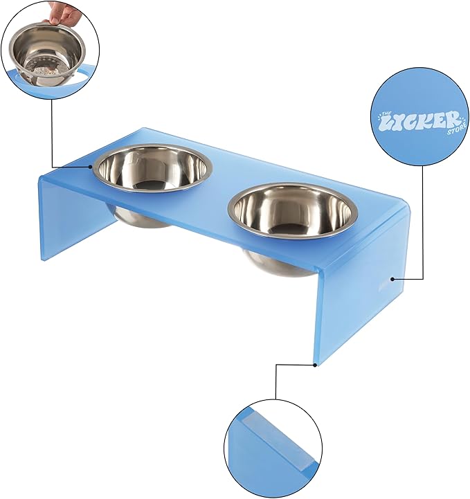 The LICKER Store DBL2000C Keaton 5" Small/Medium Modern Acrylic Rectangular Elevated Pet Feeder with 20oz 2-Stainless Steel Bowls, Blue/Chrome