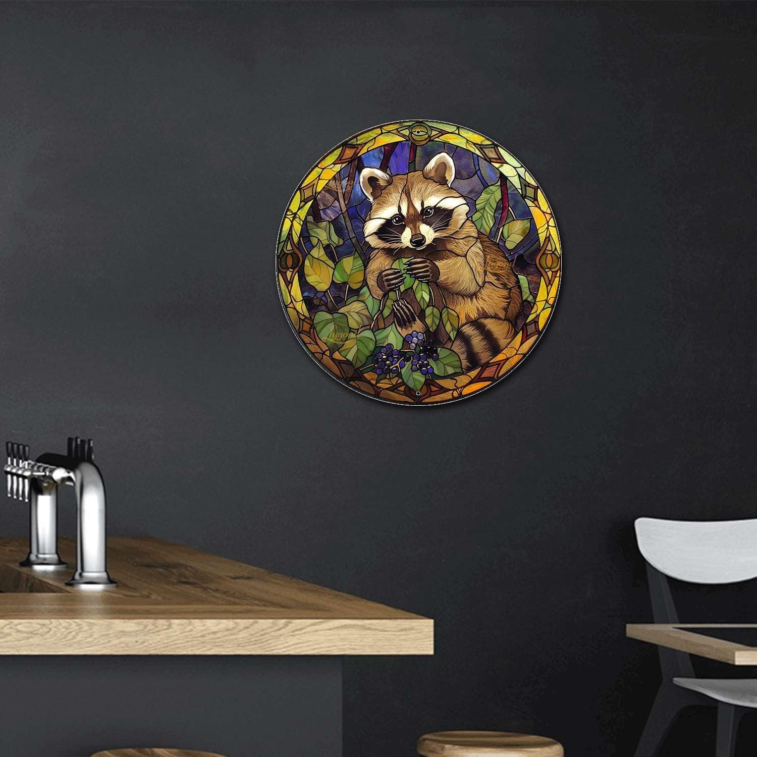 Lygond Metal Sign Tin Sign Circular Stained Glass Raccoon Minimalist Wall Art for Club 8×8 Inches