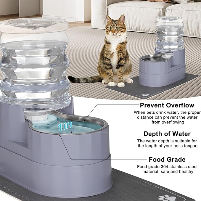 RIZZARI Automatic Pet Water Dispenser: 5L Gray Cats and Dogs Gravity Feeder - Stainless Steel Bowl - Outdoor Hiking Use