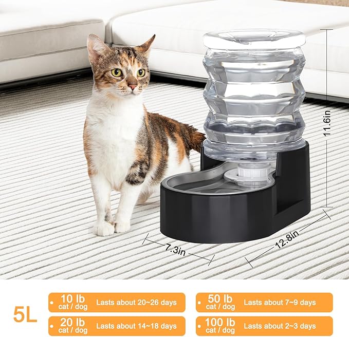 RIZZARI Dog Water Bowl Dispenser: 5L Gravity Black Automatic Stainless Steel Drinking Feeder with Filter for Dogs and Cats