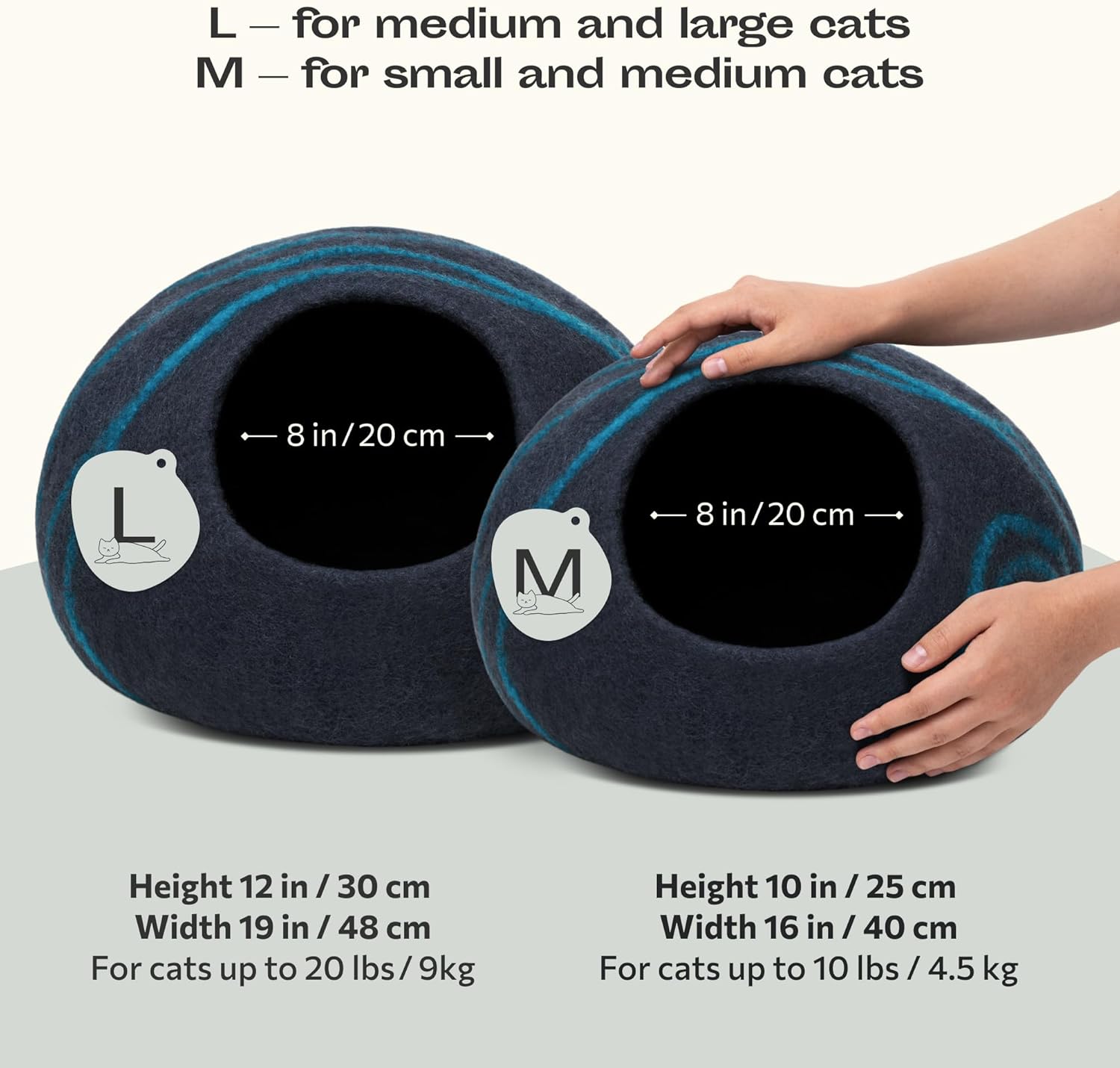 MEOWFIA Cat Cave – Premium Felt Cat Bed for Indoor Cats, Handmade 100% Merino Wool (Medium, Black Aqua)