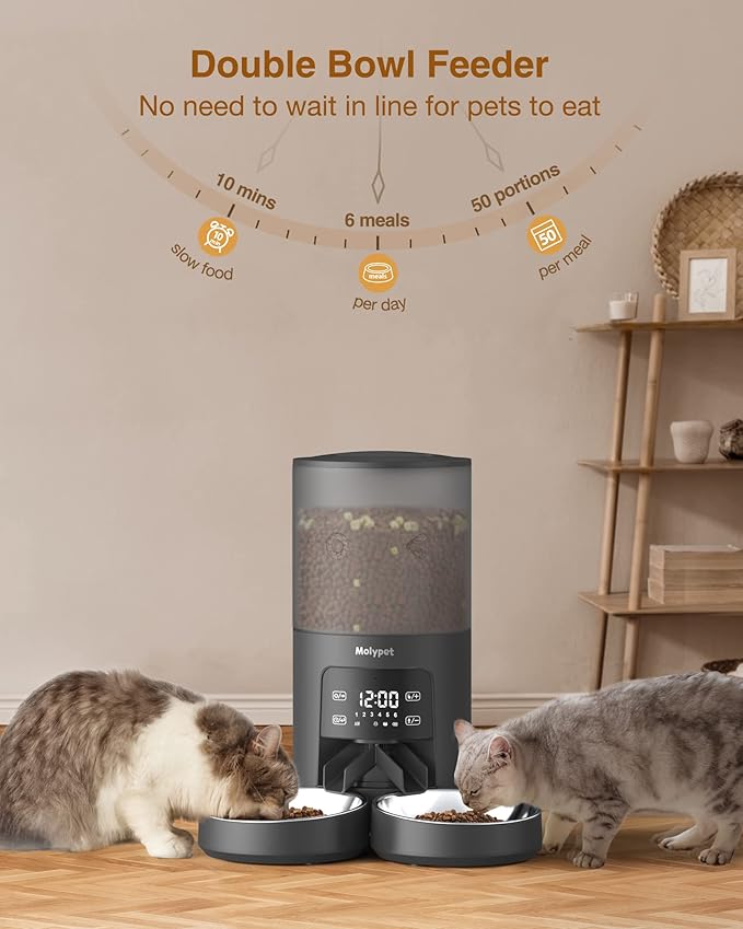 Automatic Cat Feeders for 2 Cats - 6L Food Dispenser with Double Bowls, Programmable Timed Feeder up to 6 Meals per Day with 10S Voice Recorder, Support Dual Power Supply
