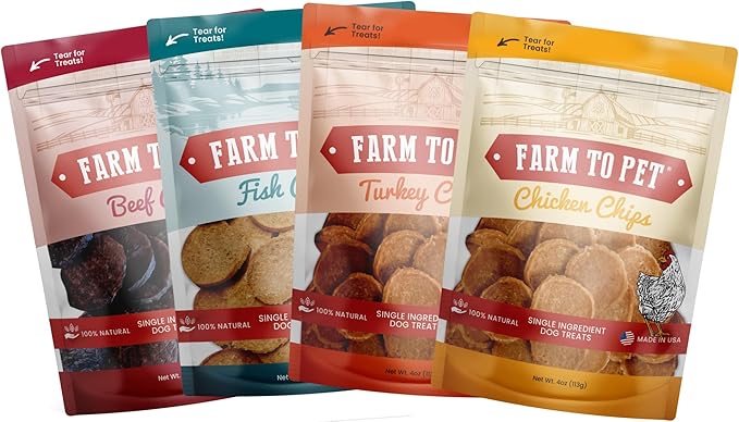 Farm To Pet - Dog Training Treats - Chicken, Turkey, Beef and Fish Chip Protein Variety Pack - 100% All Natural, Single Ingredient Training Treats for Small, Medium, and Large Dogs - Made in USA