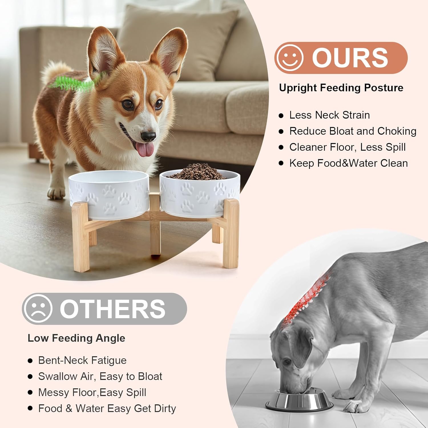 SPUNKYJUNKY Elevated Dog Bowls Ceramic, 6.1'' Dogs and Cat Food Water Bowls Raised with Non-Slip Bamboo Stand for Medium Sized Breed Microwave Dishwasher Safe - 28.7 OZ,Paw White