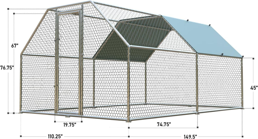 1.26'' Chicken Runs for Yard with Cover, Large Metal Chicken Run Walk in Metal, Outside Dog Kennel with Roof, Flat Roofed Outdoor Kennel for Cats(9.2’L x12.5’Wx 6.4’H)