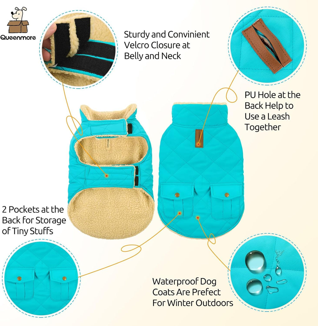 Queenmore Warm Dog Coat, Cold Weather Puffer Dog Coat Vest, Quilting Winter Pet Jacket Ultra Thick Plush Fleece Lining Pet Clothes for Dogs with Storage Pockets (Light Blue, Small)