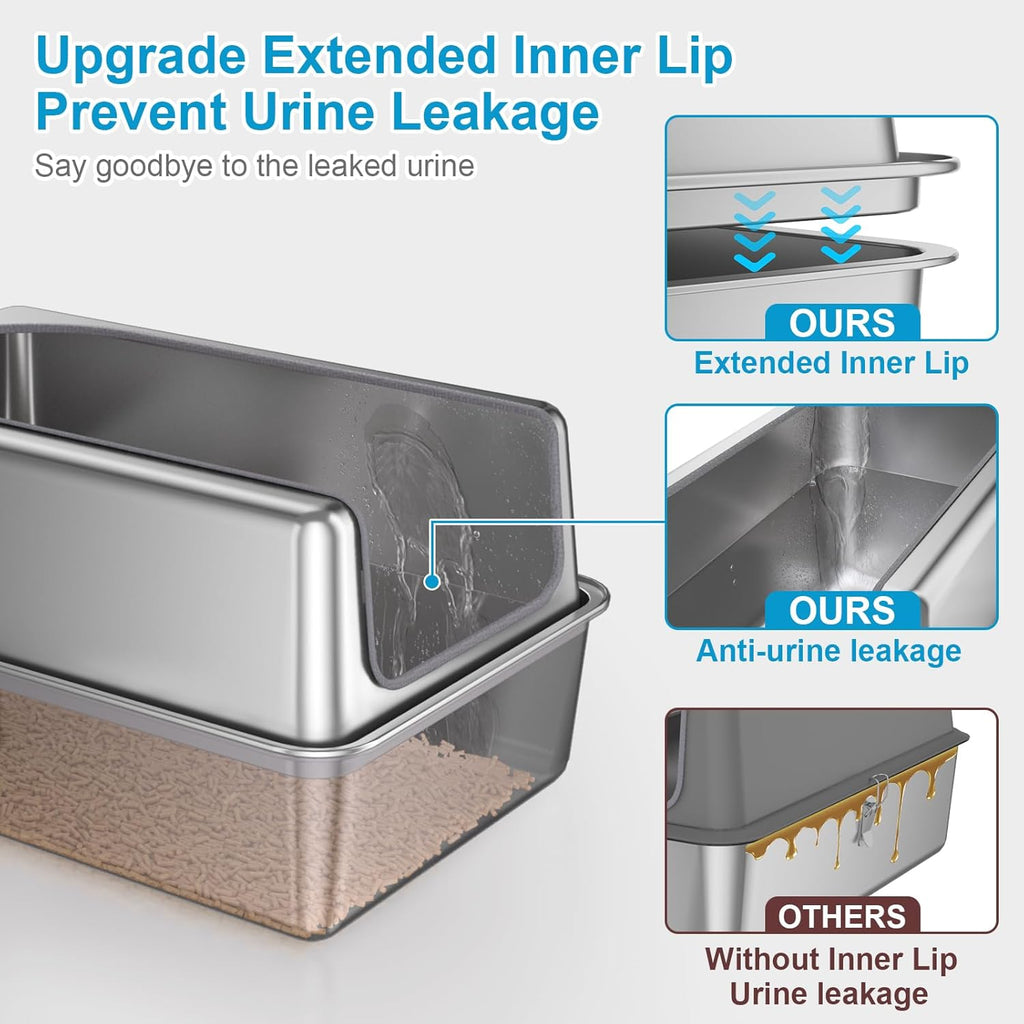 12'' High Sides XL All Stainless Steel Cat Litter Box with Lid,Deep Metal Litter Box for Big Cats,Extra Large Litter Boxes with High Wall Enclosure,Anti-Leakage,Never Absorbs Odors,Non-Sticky Surface
