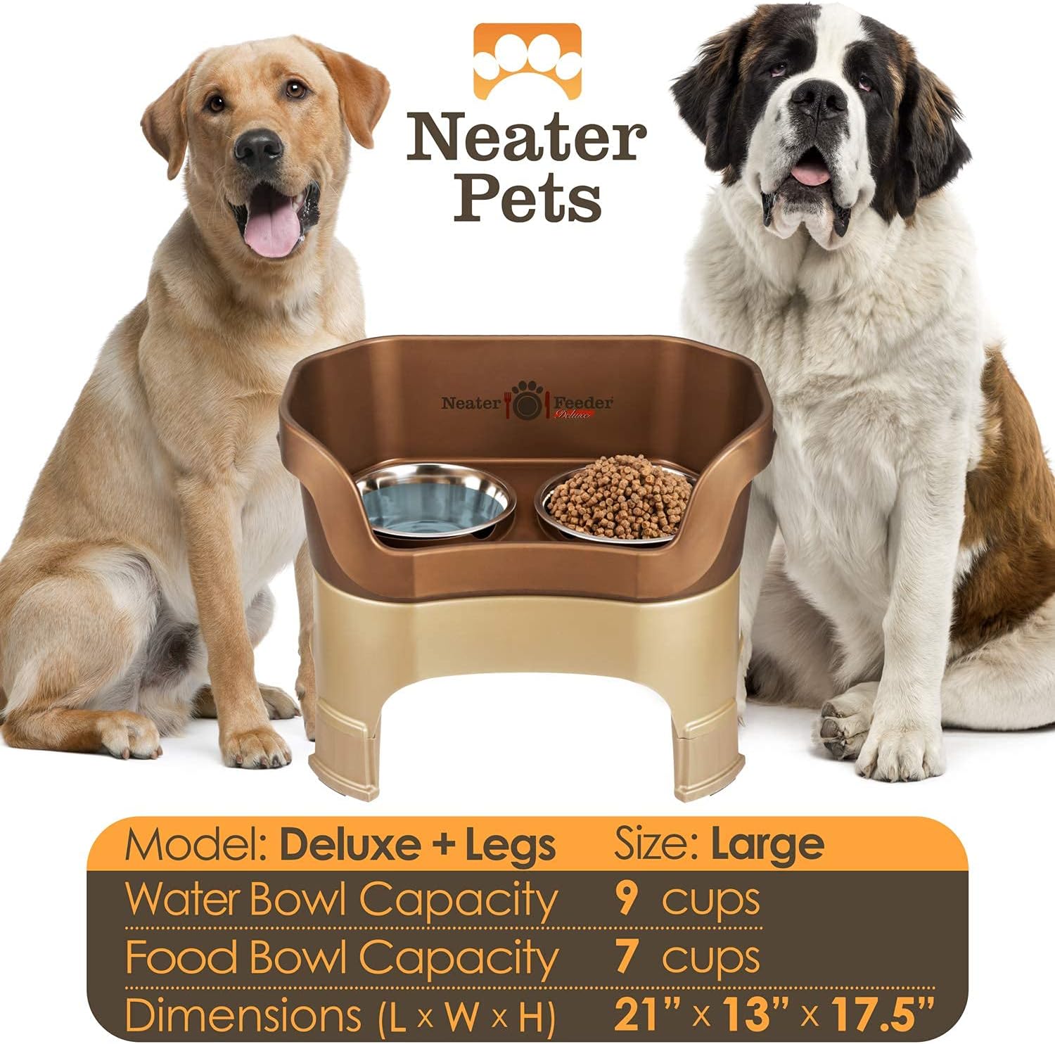 Neater Feeder Deluxe Mess Proof Dog Bowls Elevated for Large Dogs – Made in USA – No Spill Raised Dog Food Bowl Stand w/Leg Extensions – Stainless Steel Dog Food and Water Bowl Set – Bronze