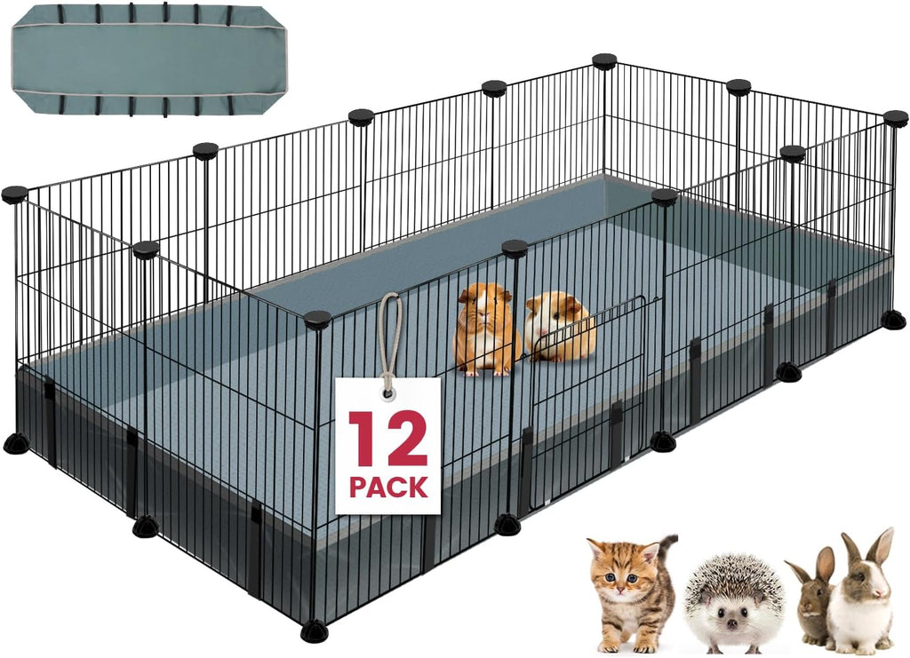 12 Panels Small Animal Playpen,Pet Playpen with Waterproof Mat,C&C Cage for Guinea Pigs,Puppy Play Pen,Bunny Playpen,Indoor Outdoor Portable Metal Wire Yard Fence