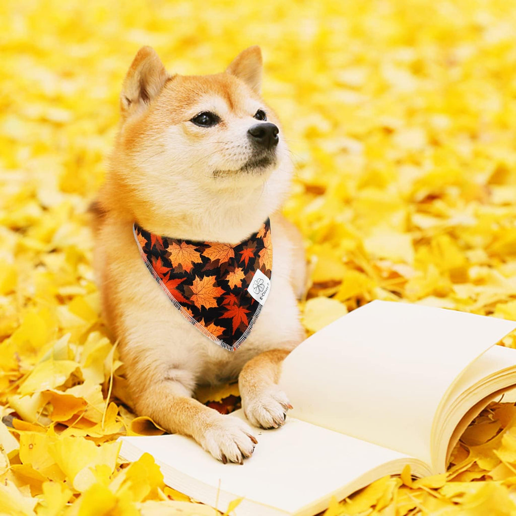 E-Clover Fall Dog Bandana & Matching Scrunchie Set Pet Scarf Kerchief Bibs Dog Outfit for Small Dogs Puppy Owner Gifts Orange Black Maple Leaves