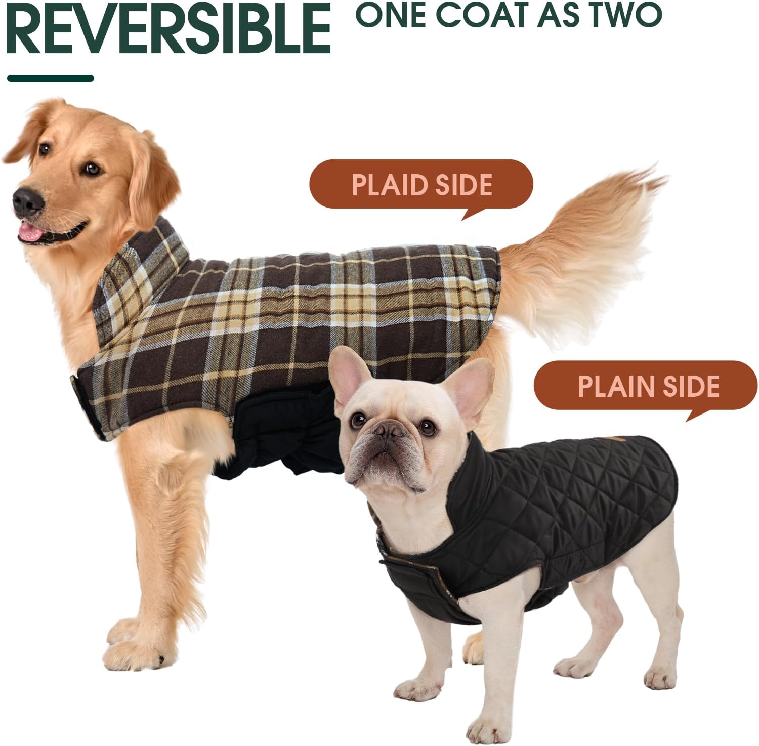 Kuoser Waterproof Dog Coat, Reversible Dog Jacket for Medium Dogs, Adjustable Durable Doggie Winter Coat Warm Puppy Cold Weather Apparel from Small to Large Breed, New Brown M