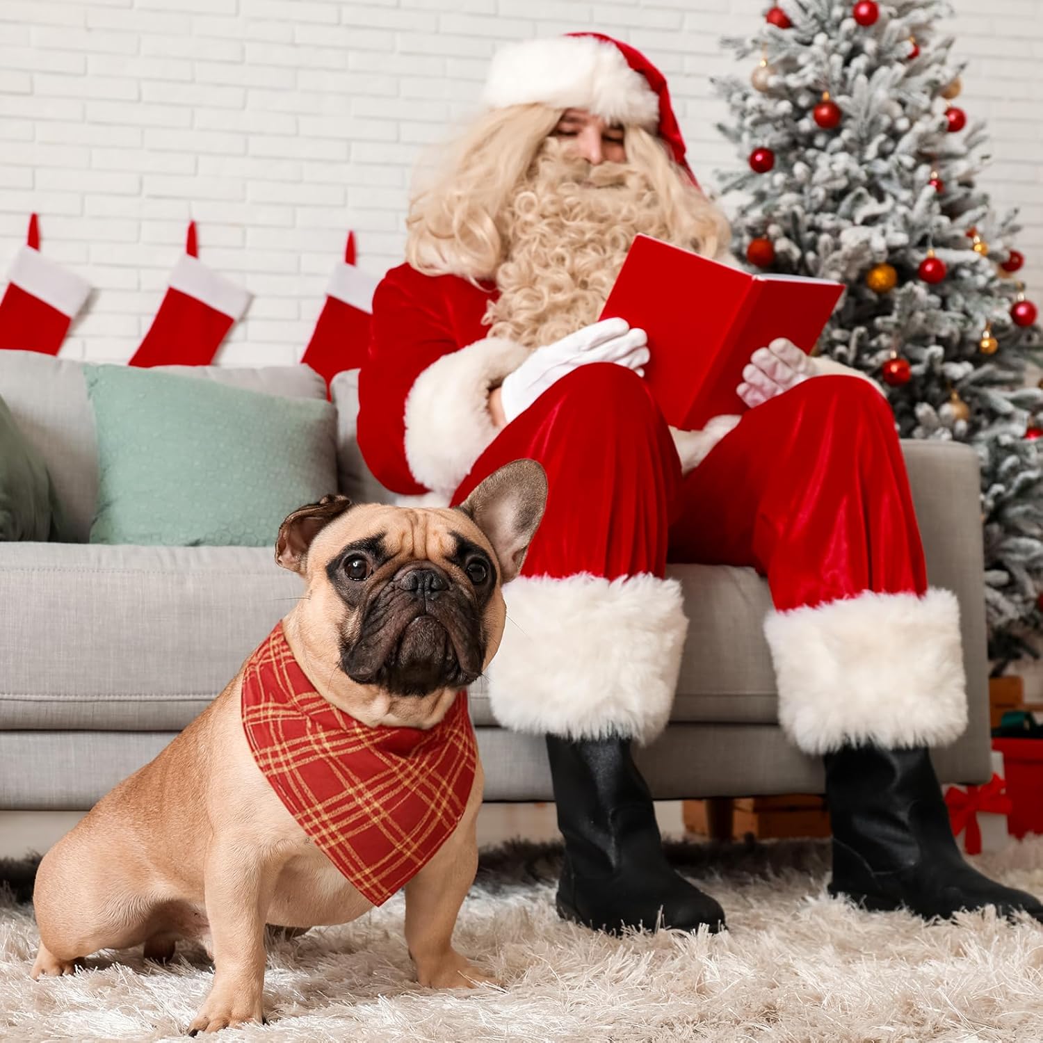 Weewooday 50 Pcs Christmas Dog Bandanas Bulk Xmas Red Green Buffalo Plaid Bandanas for Dogs Soft Bibs Adjustable Triangle Scarf for Small Medium Large Pets Costume (31.5 x 21.7 x 21.7 Inch)