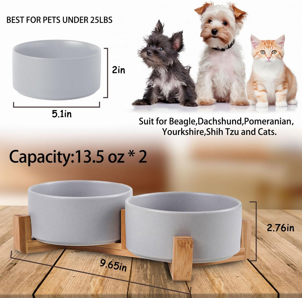 Petygooing Ceramic Dog Bowl Set with Wood Stand, Grey, 13.5OZ/5.1 in, Suitable for Cats & Small Dogs