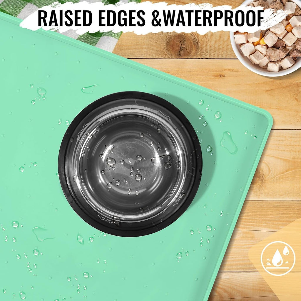 MateeyLife Dog & Cat Food Mat - Waterproof, Nonslip Dog Bowl Mats with Raised Edges, Silicone Matt Tray for Messy Drinkers, 22"x14", MintGreen