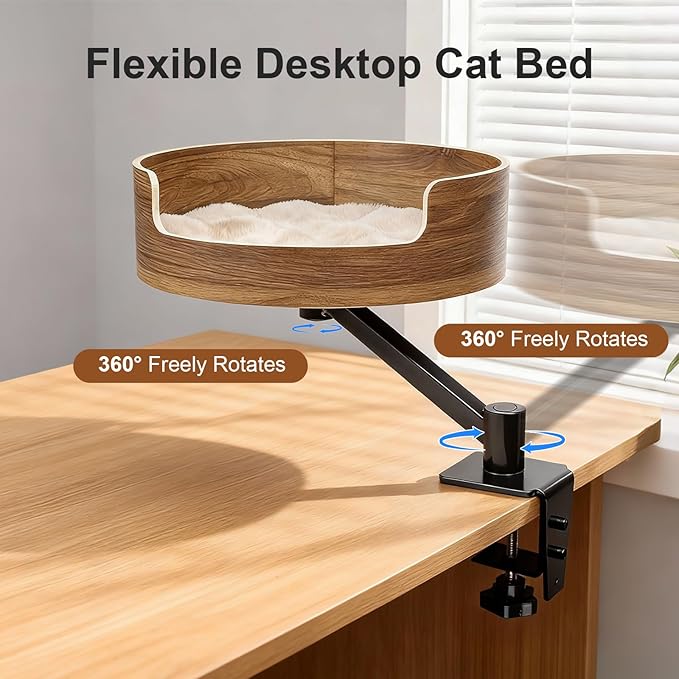 Space-Saving Cat Bed for Desk, Elevated Resting Spot for Home Office, Mounted Design for Small Apartments, Comfortable & Stable，Walnut Wood Finish