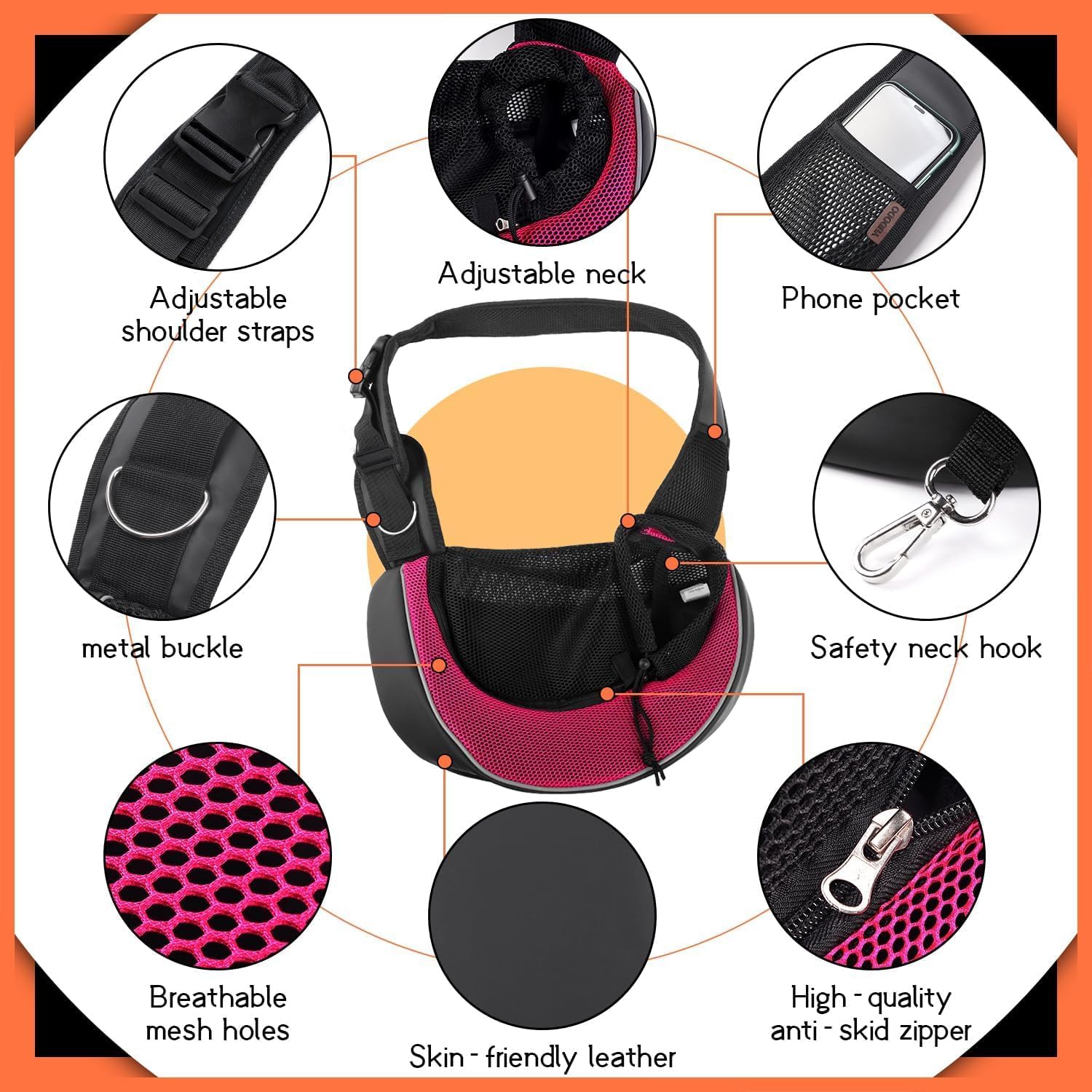 YUDODO Pet Sling Carrier for Small Dogs & Cats – Hands-Free Puppy Carrier with Safety Hook, Large Zipper Pocket, Soft Breathable Mesh, Adjustable Strap & Reflective Strip (Pink 3.0 S)