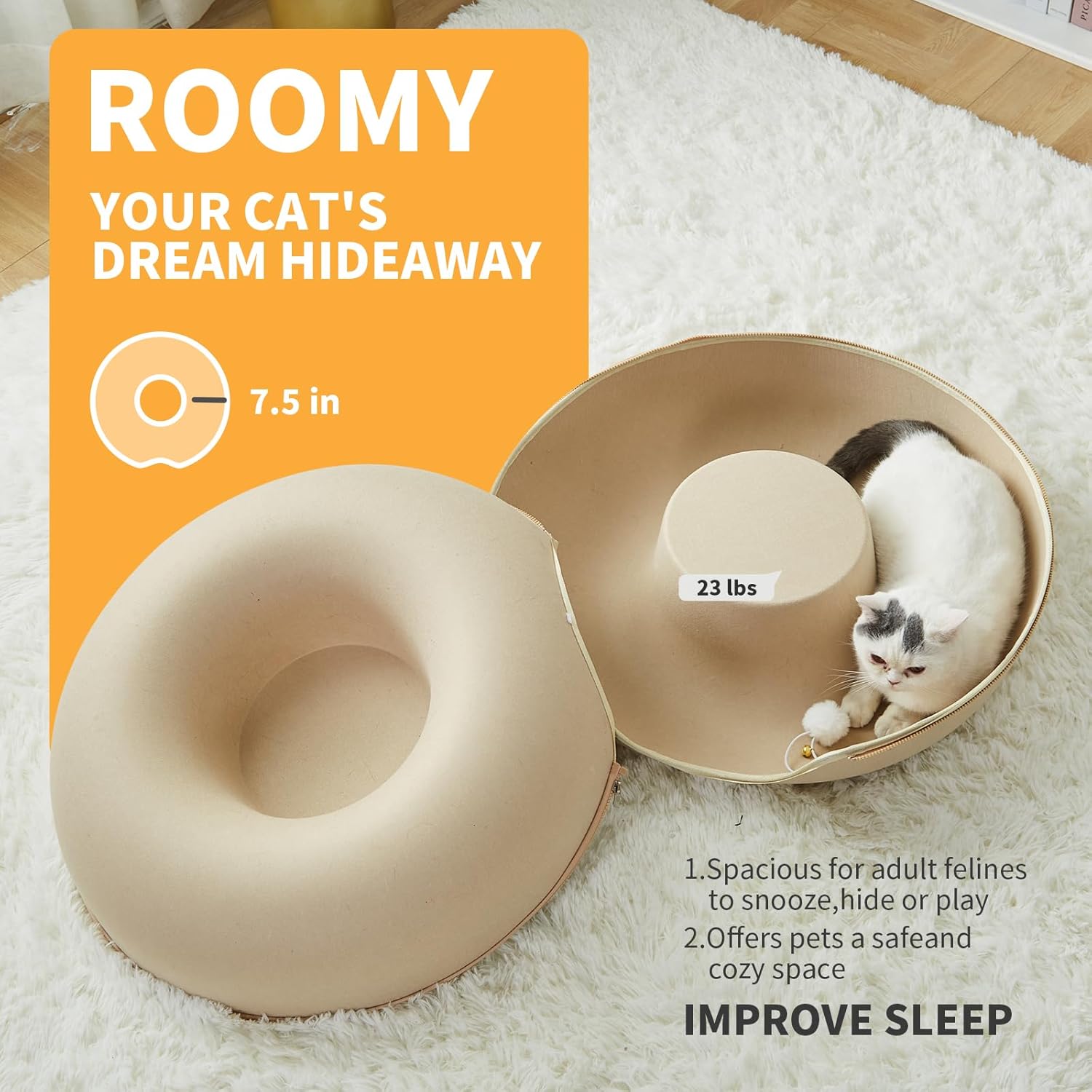 Jia Xi Cat Bed and Hideout, Large Indoor Cat Condo with Tunnel and Cave (24 inch, Beige)